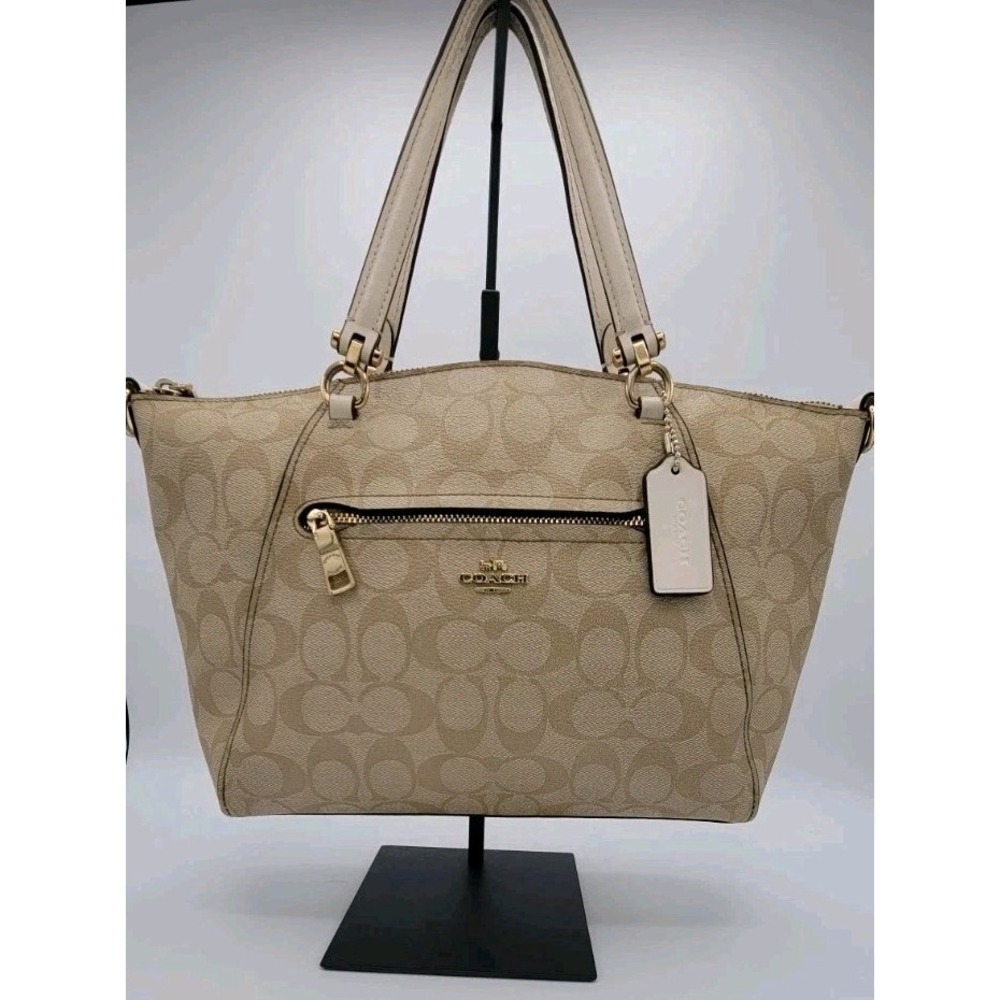Coach Prairie Satchel Signature Canvas Bag Tan Beige Leather Zip Top F79998